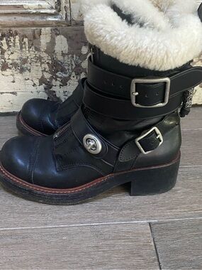 Coach Zip-Up Leather Moto Boot Shearling-Lined, Size 5.5